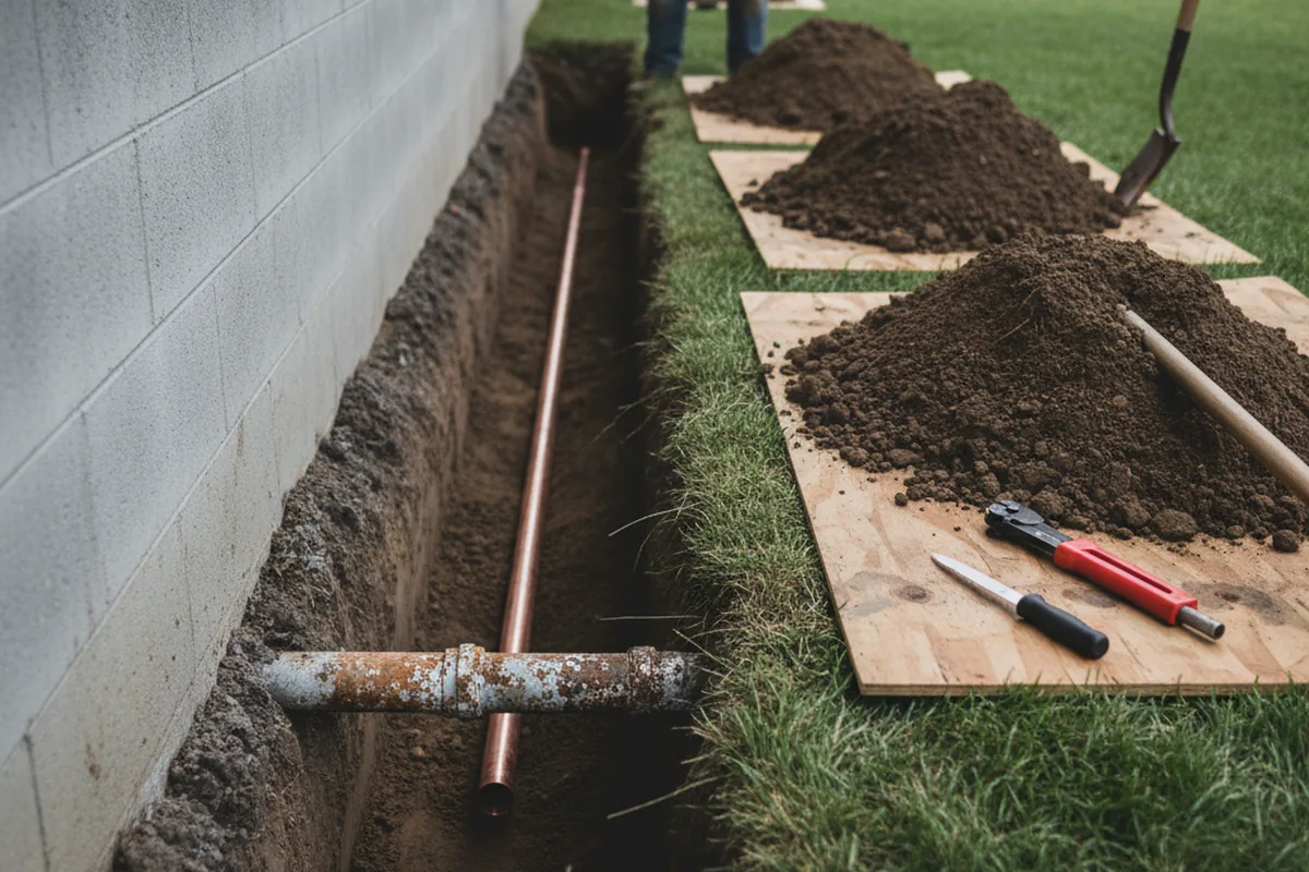 Excavated water line trench during Water Softener Installation in Endicott